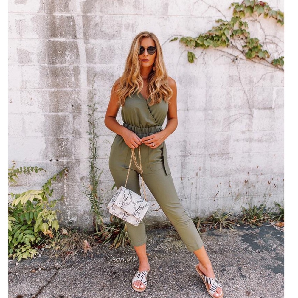 “Megan” front tie green jumpsuit from Francesca’s